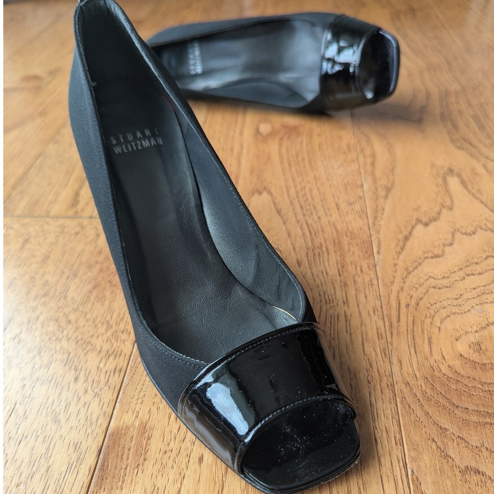 Vtg Y2K Stuart Weitzman Pumps Black Fabric Patent Trim Peep Toe Heels 6M Office